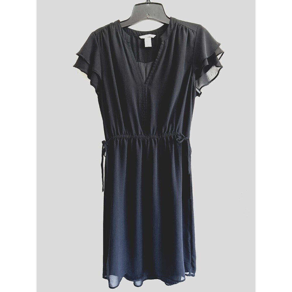 H&M Black V-Neck Pullover Dress Woman's Size 6 Knee Length Flounce Sleeves Lined